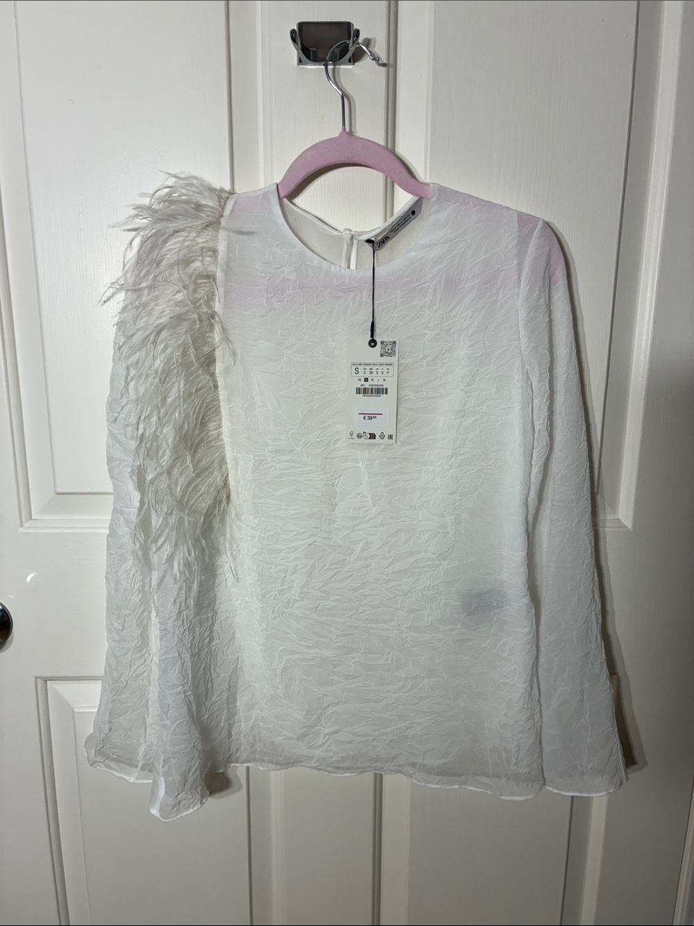 Zara White Feather-Trim Girls' Blouse - Elegant Party Top